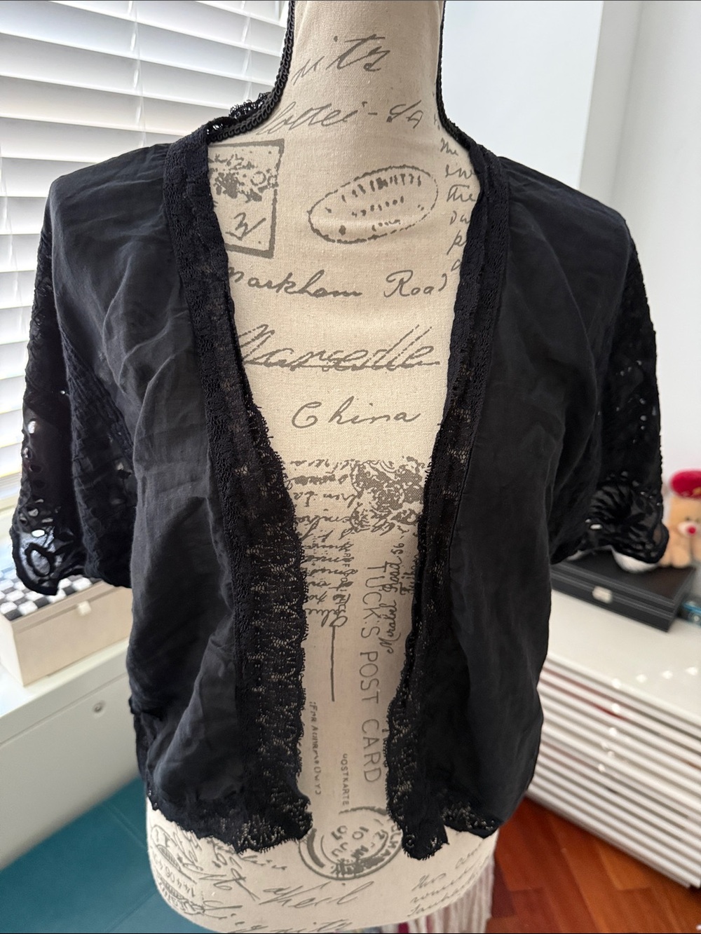 Black Lace-Trim Open Front Shrug
